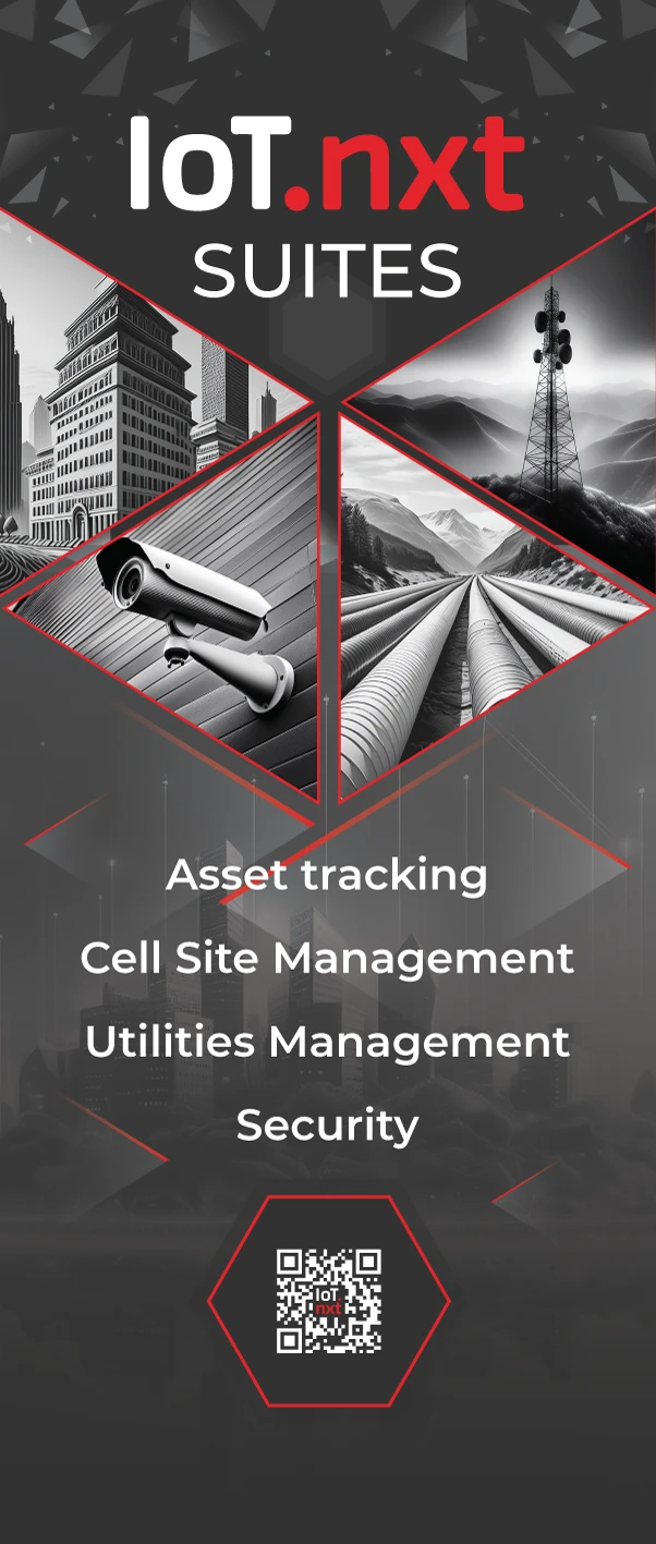 IoT.nxt Suites pull-up expo banner featuring asset tracking, cell site management, utilities management and security.